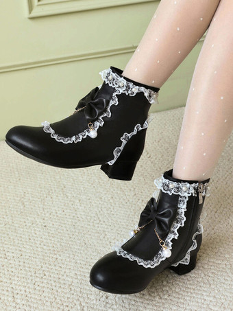 ロココ風ロリータブーツ ホワイトリボン フリル パール ラウンドトゥ PUレザー ロリータ フットウェア
