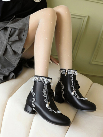 ロココ風ロリータブーツ ホワイトリボン フリル パール ラウンドトゥ PUレザー ロリータ フットウェア