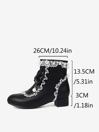 ロココ風ロリータブーツ ホワイトリボン フリル パール ラウンドトゥ PUレザー ロリータ フットウェア