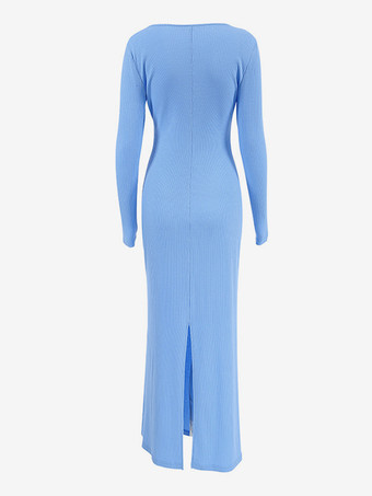 ブルーニットドレス 長袖 ジュエルネック フェイクツーピーススタイル 春 カジュアル ロングドレス レディース 2025