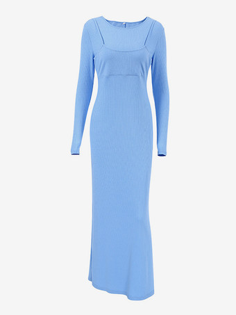 ブルーニットドレス 長袖 ジュエルネック フェイクツーピーススタイル 春 カジュアル ロングドレス レディース 2025