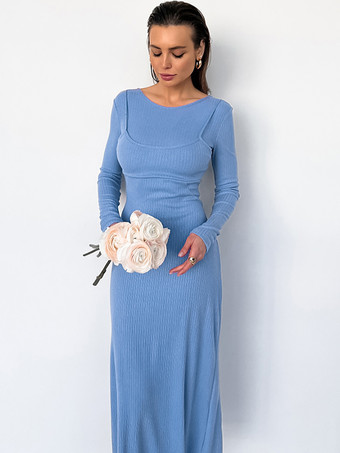 ブルーニットドレス 長袖 ジュエルネック フェイクツーピーススタイル 春 カジュアル ロングドレス レディース 2025