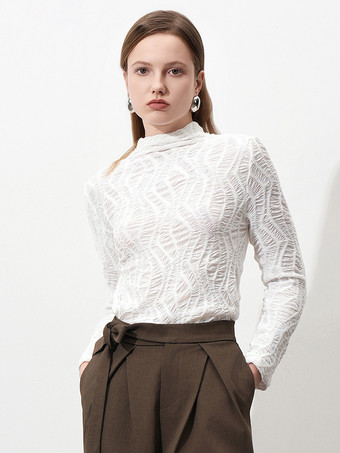 ホワイト 長袖 T シャツ プリーツ テクスチャード フィット ハーフ タートルネック ベースレイヤー トップス レディース 2025