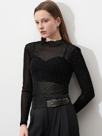 レディース用シアーメッシュTシャツ ラインストーン 長袖 フリル タートルネック トップ 2025