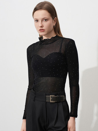 レディース用シアーメッシュTシャツ ラインストーン 長袖 フリル タートルネック トップ 2025