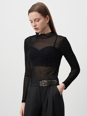 ブラック レディース用シアーメッシュTシャツ ラインストーン 長袖 フリル タートルネック トップ 2025