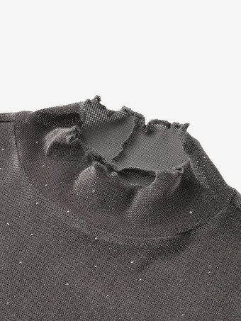 レディース用シアーメッシュTシャツ ラインストーン 長袖 フリル タートルネック トップ 2025