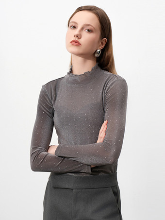 レディース用シアーメッシュTシャツ ラインストーン 長袖 フリル タートルネック トップ 2025