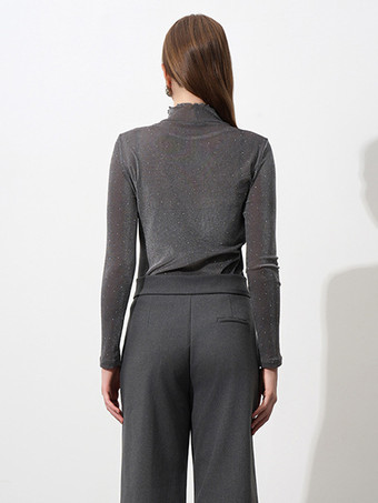 レディース用シアーメッシュTシャツ ラインストーン 長袖 フリル タートルネック トップ 2025