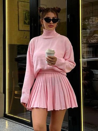 ピンクニットツーピースコーデセット タートルネックセーターとプリーツスカート 若々しいカレッジスタイル カジュアル春コーデ レディース 2025