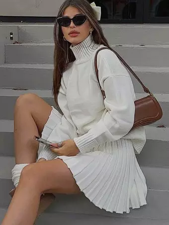 Knitted Two Piece Co-ord Set Turtleneck Sweater And Pleated Skirt