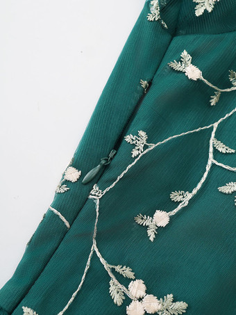 花柄刺繍入りレトロドレス Aライン 半袖 スクエアネック 1950年代 オードリー ヘップバーン スタイル グリーン スイング ミディドレス レディース 2025