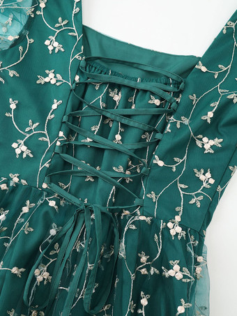 花柄刺繍入りレトロドレス Aライン 半袖 スクエアネック 1950年代 オードリー ヘップバーン スタイル グリーン スイング ミディドレス レディース 2025