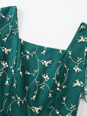 花柄刺繍入りレトロドレス Aライン 半袖 スクエアネック 1950年代 オードリー ヘップバーン スタイル グリーン スイング ミディドレス レディース 2025