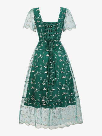 花柄刺繍入りレトロドレス Aライン 半袖 スクエアネック 1950年代 オードリー ヘップバーン スタイル グリーン スイング ミディドレス レディース 2025