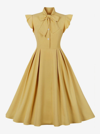 イエローヴィンテージ 蝶結びドレス バタフライスリーブ 1950 年代 オードリー ヘプバーン スタイル A ライン レトロ ミディ スウィングドレス レディース 2025