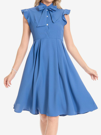 ブルー ヴィンテージ 蝶結びドレス バタフライスリーブ 1950 年代 オードリー ヘプバーン スタイル A ライン レトロ ミディ スウィングドレス レディース 2025
