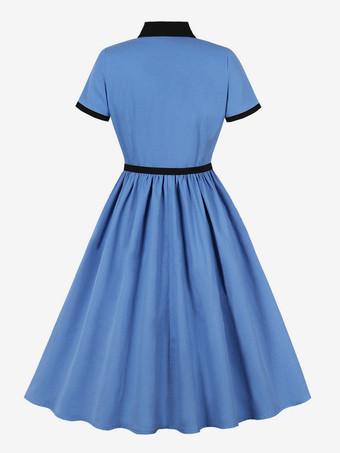 ヴィンテージドレス ターンダウンカラー 1950年代 カレッジスタイル 文学ファン 半袖 カラーブロック エレガント レディライク Aライン ミディドレス