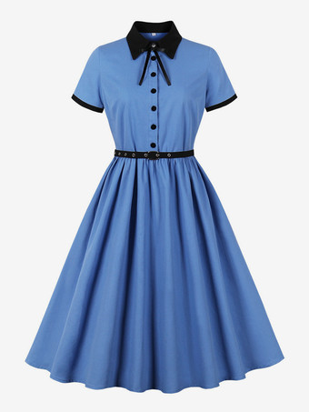 ブルー ヴィンテージドレス ターンダウンカラー 1950年代 カレッジスタイル 文学ファン 半袖 カラーブロック エレガント レディライク Aライン ミディドレス