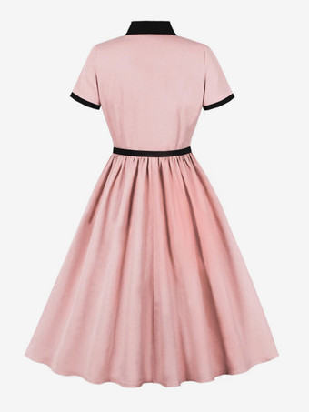 ヴィンテージドレス ターンダウンカラー 1950年代 カレッジスタイル 文学ファン 半袖 カラーブロック エレガント レディライク Aライン ミディドレス