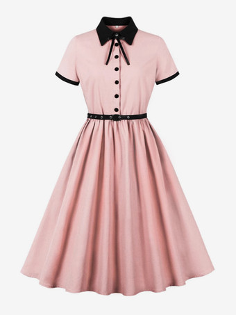 ピンクヴィンテージドレス ターンダウンカラー 1950年代 カレッジスタイル 文学ファン 半袖 カラーブロック エレガント レディライク Aライン ミディドレス