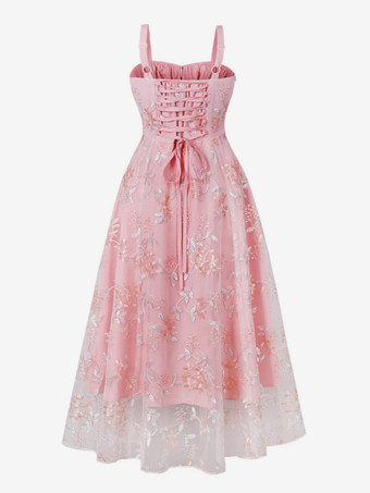 ピンクの刺繍入りレトロドレス Aライン 1950年代 オードリー ヘプバーン スタイル ミディ スウィング ドレス レディース 2025