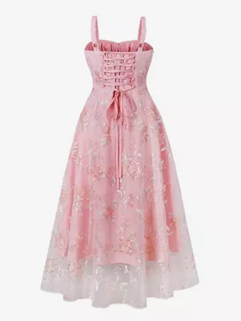 Pink Embroidered Retro Dress A-line 1950s Style Midi Swing Dress For Women 2026 Pink Embroidered Retro Dress A-line 1950s Style Midi Swing Dress For Women 2026