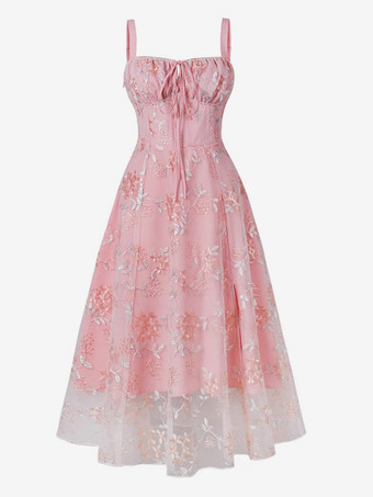 ピンクピンクの刺繍入りレトロドレス Aライン 1950年代 オードリー ヘプバーン スタイル ミディ スウィング ドレス レディース 2025