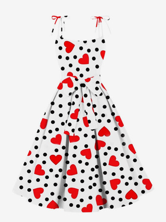 blanc Robe vintage à motif cœur A-line années 1950 style Audrey Hepburn à pois Robe à bretelles pour la Saint-Valentin pour femme 2025