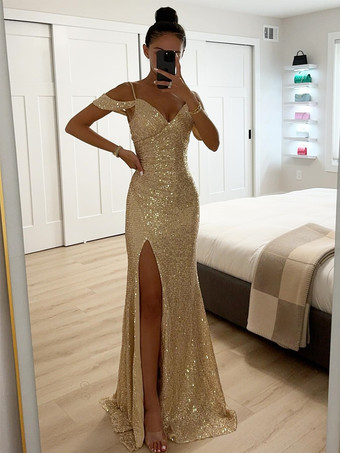 シャンパンカラースパンコール ストラップ マキシドレス オフショルダー セクシー ハイスリット ルーシュ ロング パーティードレス レディース 2025