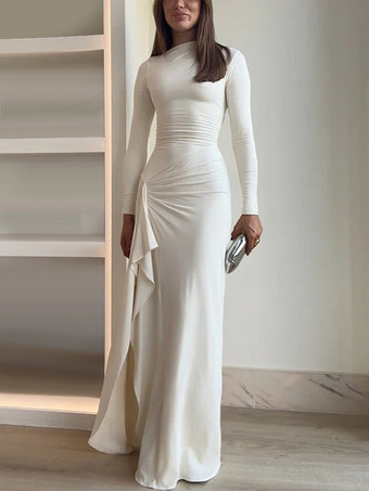 ホワイト ルーシュディテールのロングスリーブボディコンドレス、エレガントなパーティーマキシドレス、女性用 2025