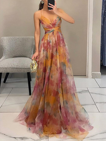 オレンジ 花柄プリントのマキシストラップドレス カットアウト クロスウエスト フロアレングス エレガント ロング パーティードレス レディース 2025