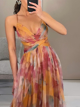 花柄プリントのマキシストラップドレス カットアウト クロスウエスト フロアレングス エレガント ロング パーティードレス レディース 2025