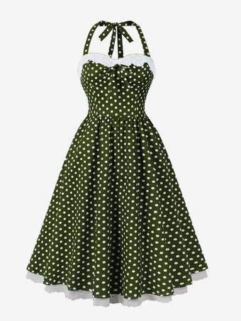 ダークグリーンホルターネックのヴィンテージドレス 1950年代 オードリー ヘプバーン スタイル 水玉模様 レーストリム Aライン ミディ スウィングドレス レディース 2026