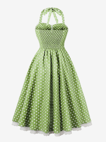 ホルターネックのヴィンテージドレス 1950年代 オードリー ヘプバーン スタイル 水玉模様 レーストリム Aライン ミディ スウィングドレス レディース 2026