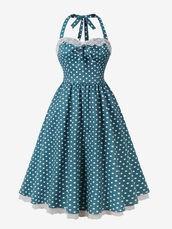 ライトスカイブルーホルターネックのヴィンテージドレス 1950年代 オードリー ヘプバーン スタイル 水玉模様 レーストリム Aライン ミディ スウィングドレス レディース 2026