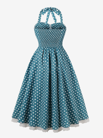 ホルターネックのヴィンテージドレス 1950年代 オードリー ヘプバーン スタイル 水玉模様 レーストリム Aライン ミディ スウィングドレス レディース 2026