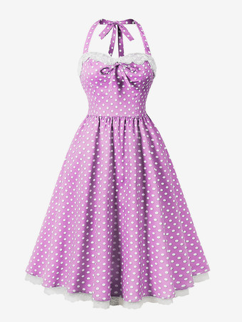 パープル ホルターネックのヴィンテージドレス 1950年代 オードリー ヘプバーン スタイル 水玉模様 レーストリム Aライン ミディ スウィングドレス レディース 2026