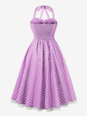 ホルターネックのヴィンテージドレス 1950年代 オードリー ヘプバーン スタイル 水玉模様 レーストリム Aライン ミディ スウィングドレス レディース 2026