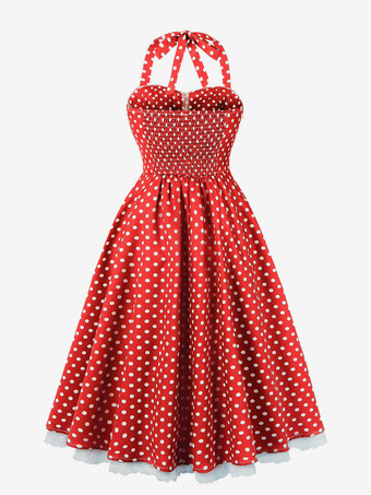 ホルターネックのヴィンテージドレス 1950年代 オードリー ヘプバーン スタイル 水玉模様 レーストリム Aライン ミディ スウィングドレス レディース 2026