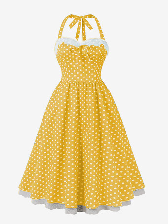 イエローホルターネックのヴィンテージドレス 1950年代 オードリー ヘプバーン スタイル 水玉模様 レーストリム Aライン ミディ スウィングドレス レディース 2026