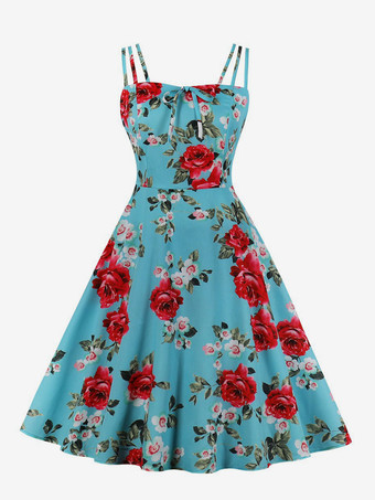 ブルー ヴィンテージ A ライン ドレス ストラップ付き タイフロント 1950 年代 オードリー ヘプバーン スタイル フローラル ミディ スウィング ドレス レディース 2025