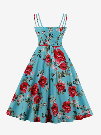 ヴィンテージ A ライン ドレス ストラップ付き タイフロント 1950 年代 オードリー ヘプバーン スタイル フローラル ミディ スウィング ドレス レディース 2025