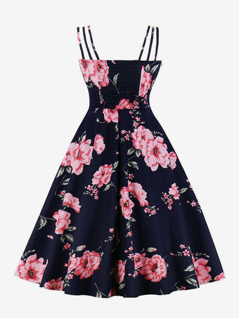 ヴィンテージ A ライン ドレス ストラップ付き タイフロント 1950 年代 オードリー ヘプバーン スタイル フローラル ミディ スウィング ドレス レディース 2025