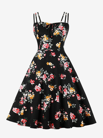 ブラック ヴィンテージ A ライン ドレス ストラップ付き タイフロント 1950 年代 オードリー ヘプバーン スタイル フローラル ミディ スウィング ドレス レディース 2025