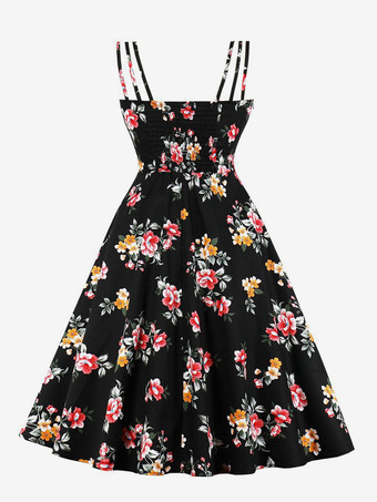 ヴィンテージ A ライン ドレス ストラップ付き タイフロント 1950 年代 オードリー ヘプバーン スタイル フローラル ミディ スウィング ドレス レディース 2025