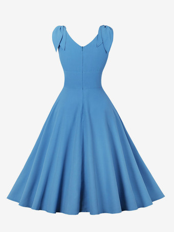 ヴィンテージドレス、リボンショルダー、Vネック、ノースリーブ、1950年代、オードリー・ヘプバーン風、ブルー、Aライン、ミディドレス、レディース、2025年
