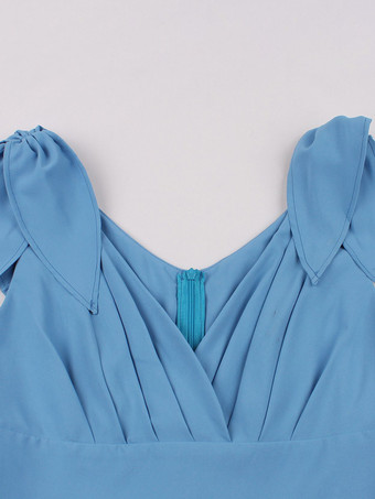 ヴィンテージドレス、リボンショルダー、Vネック、ノースリーブ、1950年代、オードリー・ヘプバーン風、ブルー、Aライン、ミディドレス、レディース、2025年