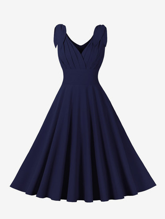 ダークネイビーヴィンテージドレス、リボンショルダー、Vネック、ノースリーブ、1950年代、オードリー・ヘプバーン風、ブルー、Aライン、ミディドレス、レディース、2025年