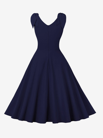 ヴィンテージドレス、リボンショルダー、Vネック、ノースリーブ、1950年代、オードリー・ヘプバーン風、ブルー、Aライン、ミディドレス、レディース、2025年